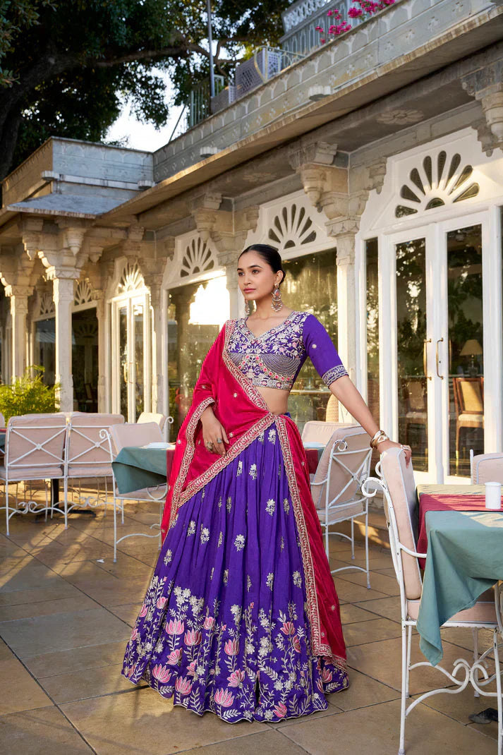 WEDDING SPECIAL VICHITRA SILK THREAD EMBROIDERED LEHENGA CHOLIPFAB1124)