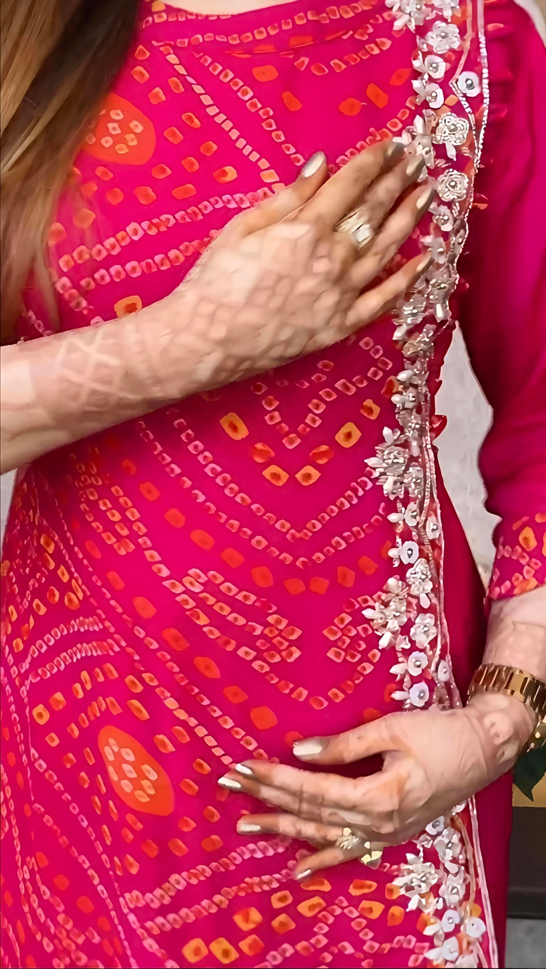 Export Pure Chinnon Silk Long Gown With Bhandej Heavy Hand Work Double Layer (RD027)