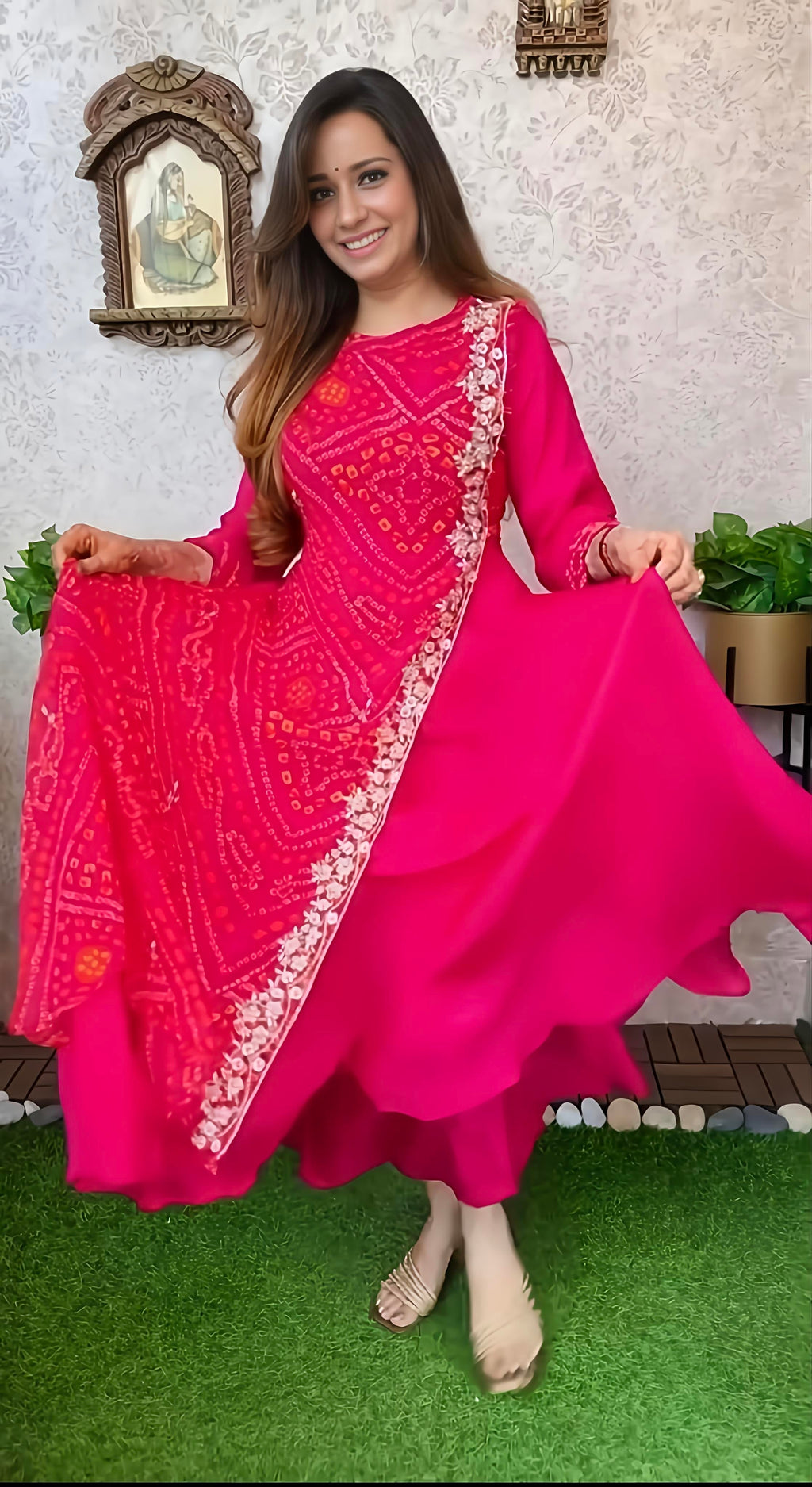 Export Pure Chinnon Silk Long Gown With Bhandej Heavy Hand Work Double Layer (RD027)