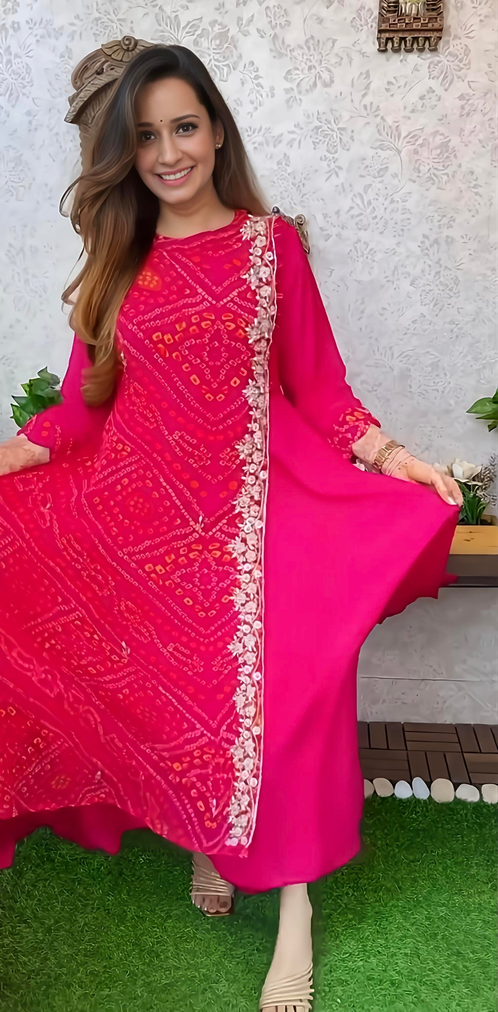 Export Pure Chinnon Silk Long Gown With Bhandej Heavy Hand Work Double Layer (RD027)