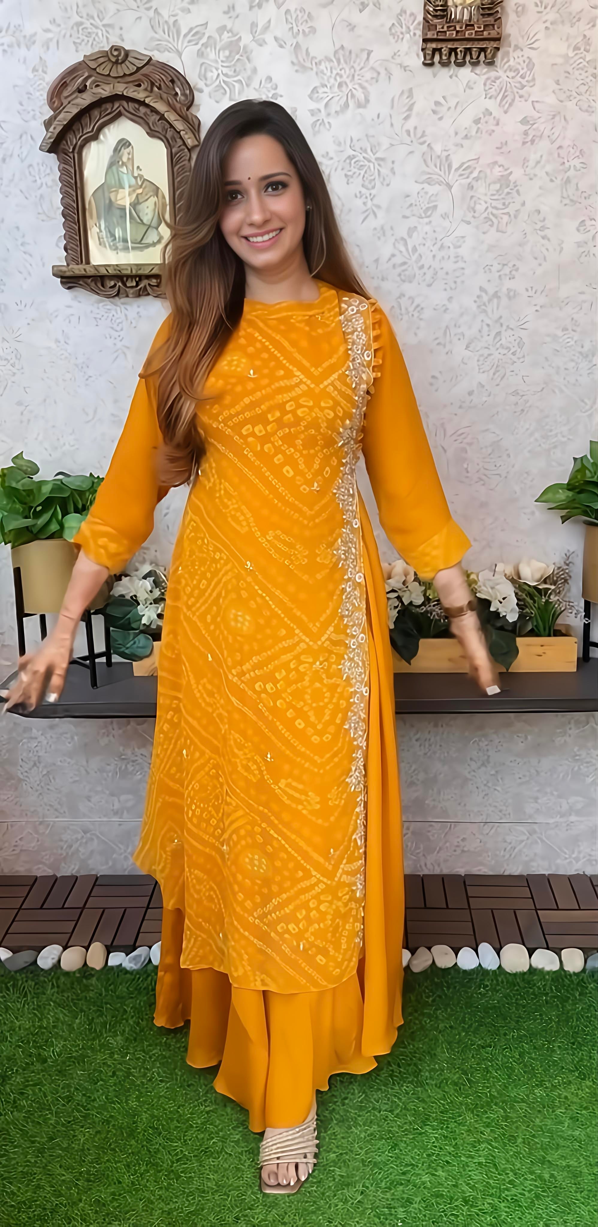 Export Pure Chinnon Silk Long Gown With Bhandej Heavy Hand Work Double Layer (RD025)