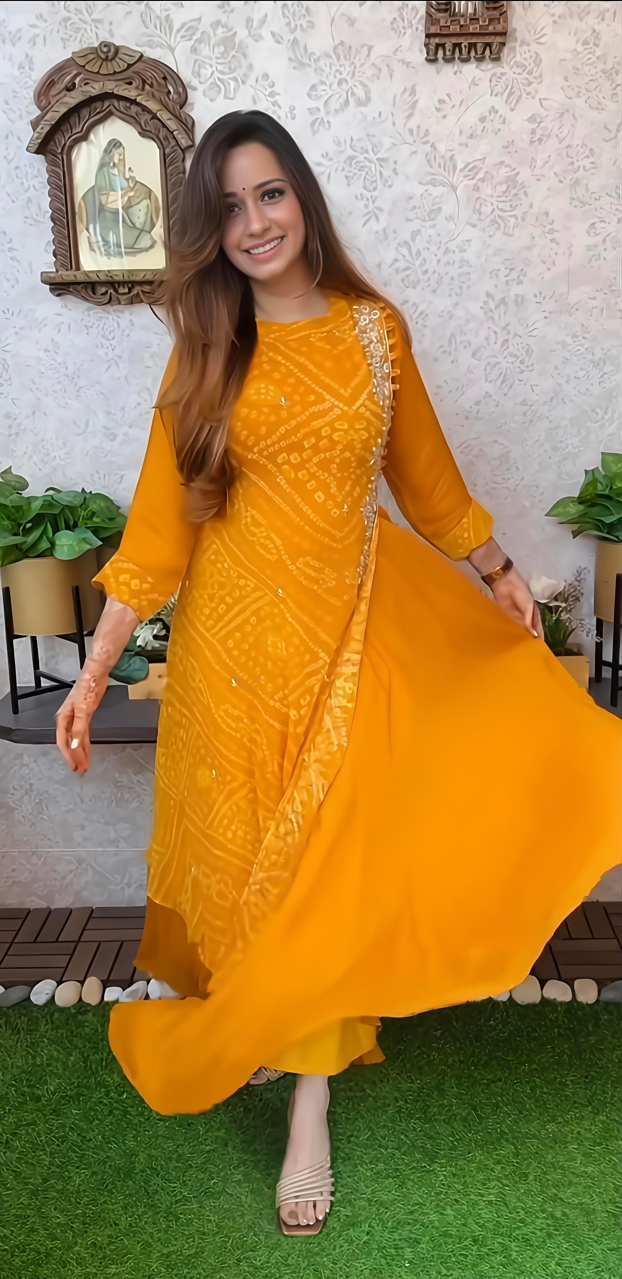 Export Pure Chinnon Silk Long Gown With Bhandej Heavy Hand Work Double Layer (RD025)