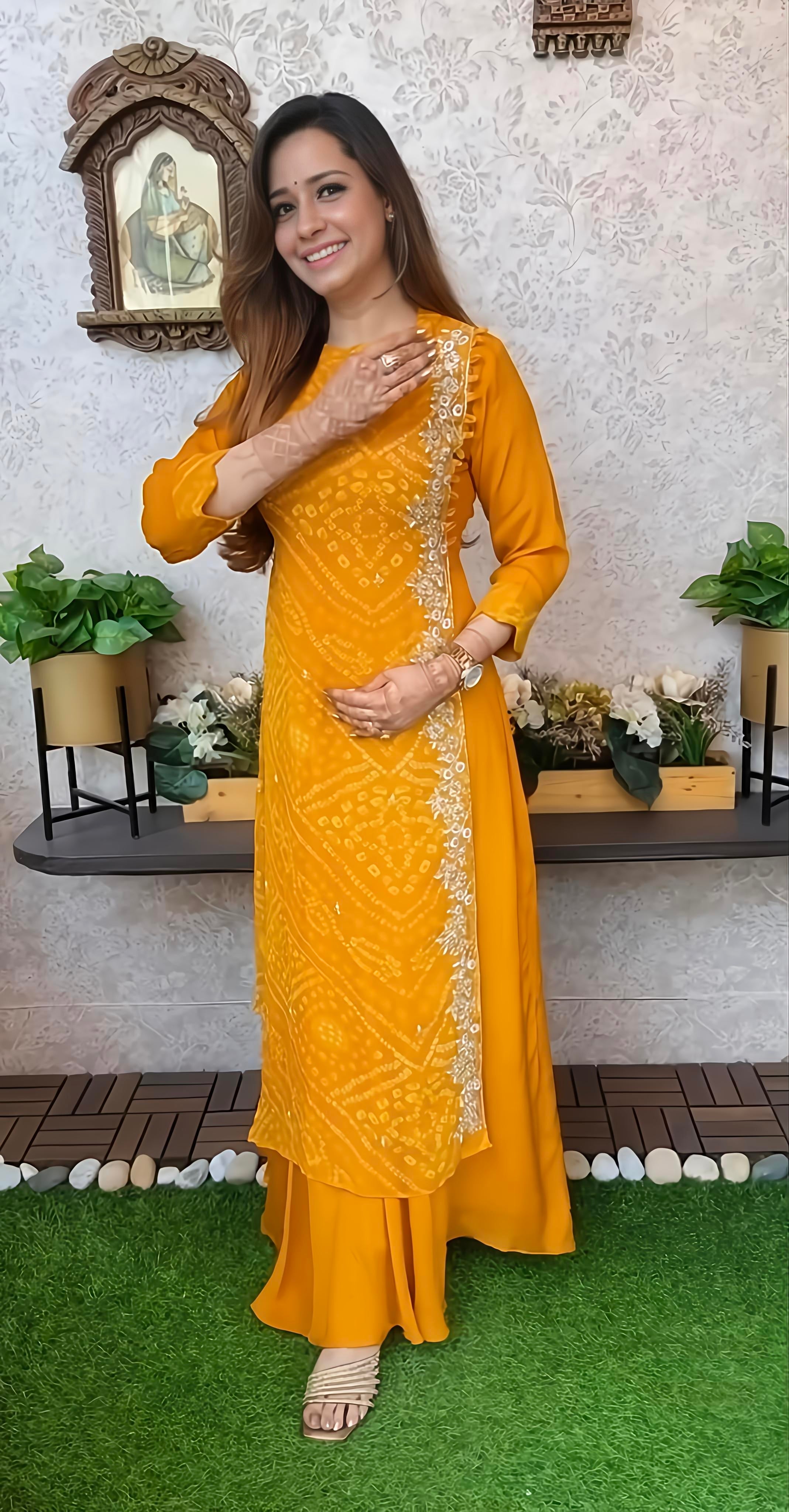 Export Pure Chinnon Silk Long Gown With Bhandej Heavy Hand Work Double Layer (RD025)