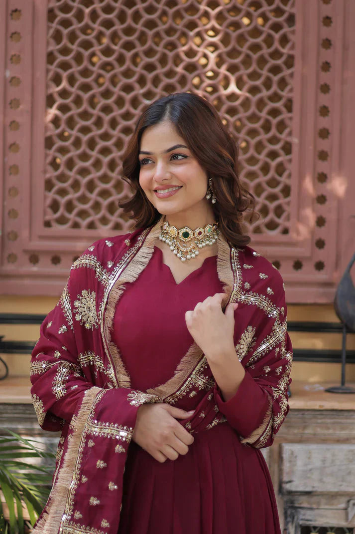 WEDDING SPECIAL STAR GEORGETTE ZARI SEQUINS EMBROIDERED GOWN WITH DUPATTAPFAB1122)