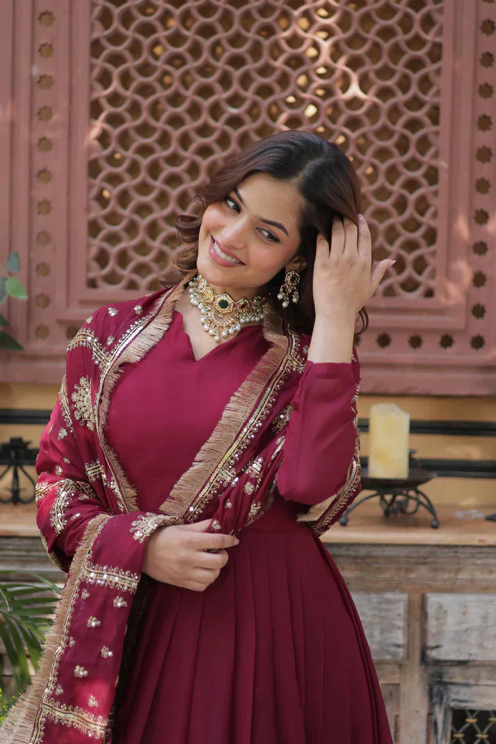 WEDDING SPECIAL STAR GEORGETTE ZARI SEQUINS EMBROIDERED GOWN WITH DUPATTAPFAB1122)