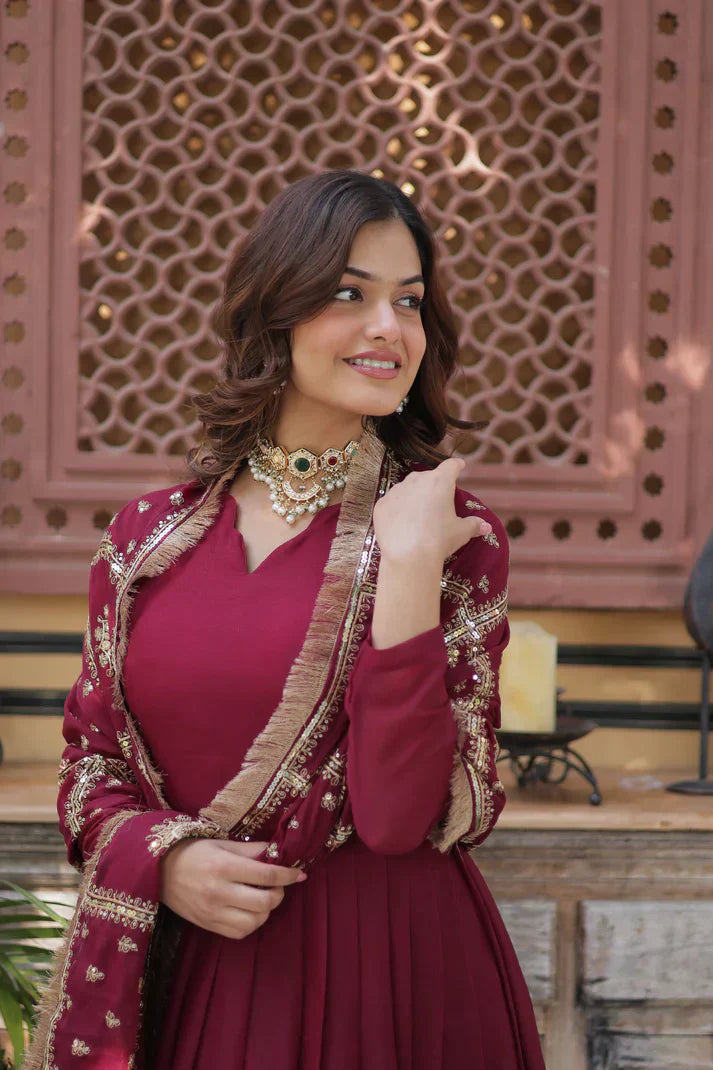 WEDDING SPECIAL STAR GEORGETTE ZARI SEQUINS EMBROIDERED GOWN WITH DUPATTAPFAB1122)