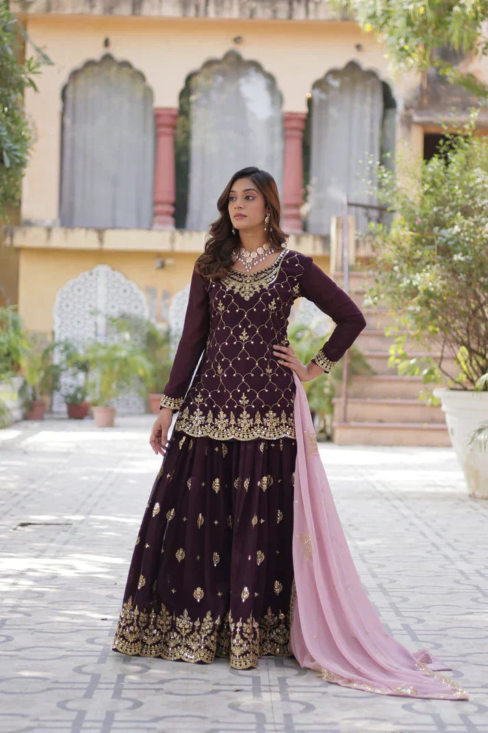 WEDDING SPECIAL FAUX BLOOMING GEORGETTE SEQUINS EMBROIDERED PLAZZO SET WITH DUPATTAPFAB1121) (01)