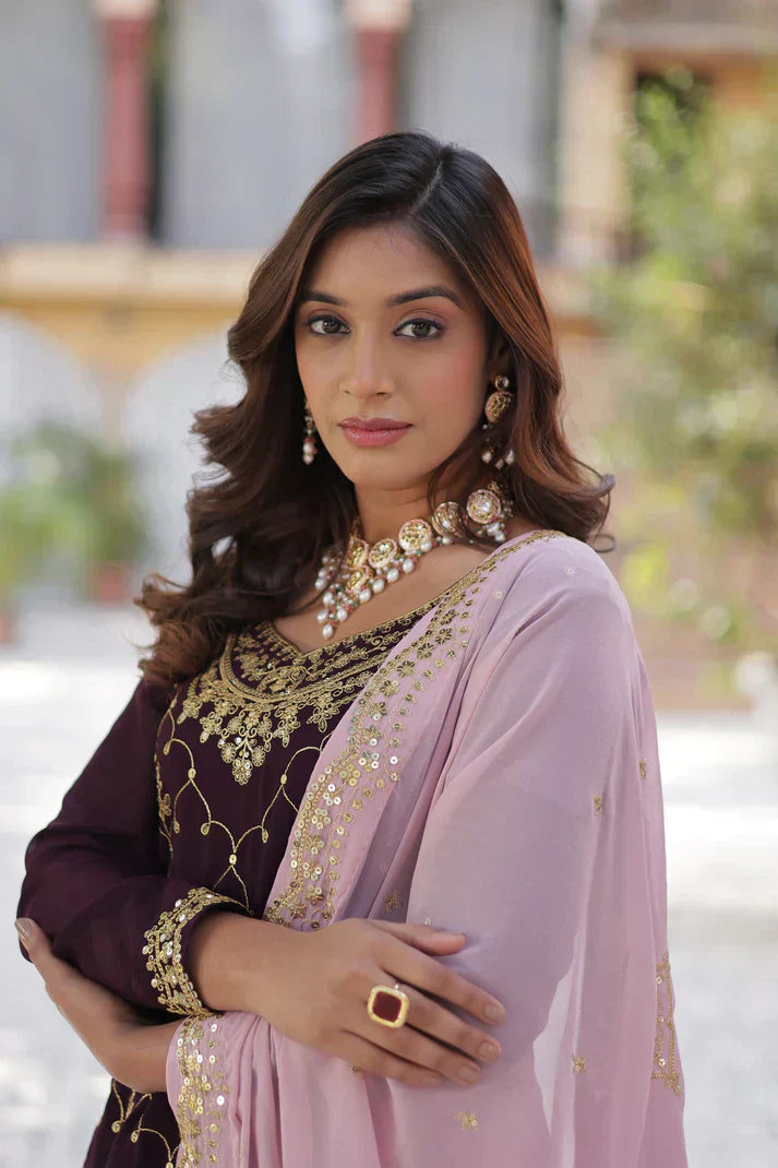 WEDDING SPECIAL FAUX BLOOMING GEORGETTE SEQUINS EMBROIDERED PLAZZO SET WITH DUPATTAPFAB1121) (01)