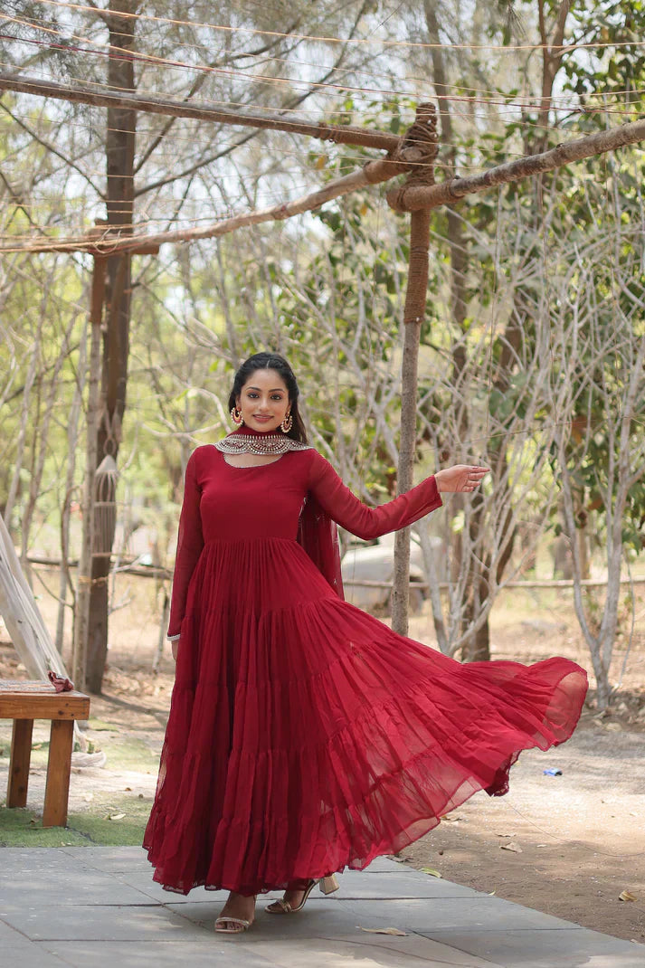 Desirable Women's gown Made With Faux Blooming Fabrics and Designer Embroidered DupattaPFAB116) (01)