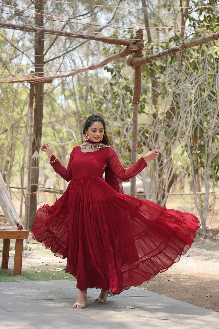 Desirable Women's gown Made With Faux Blooming Fabrics and Designer Embroidered DupattaPFAB116) (01)