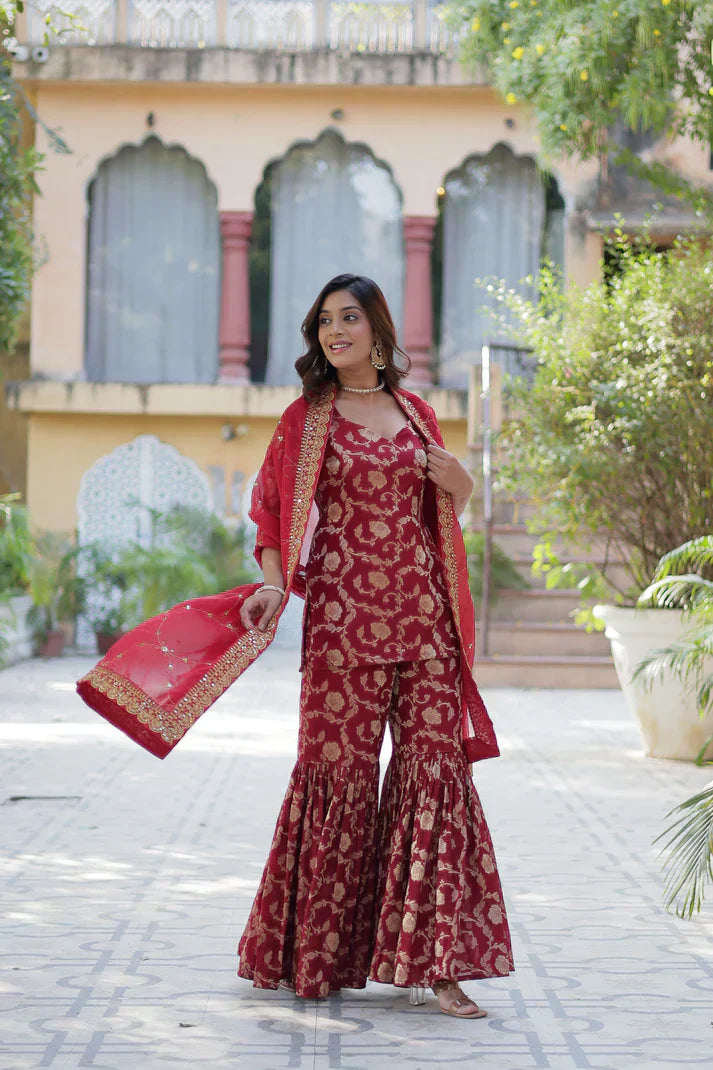 WEDDING SPECIAL VISCOSE GEORGETTE JACQUARD GHARARA SET WITH DUPATTAPFAB1120)