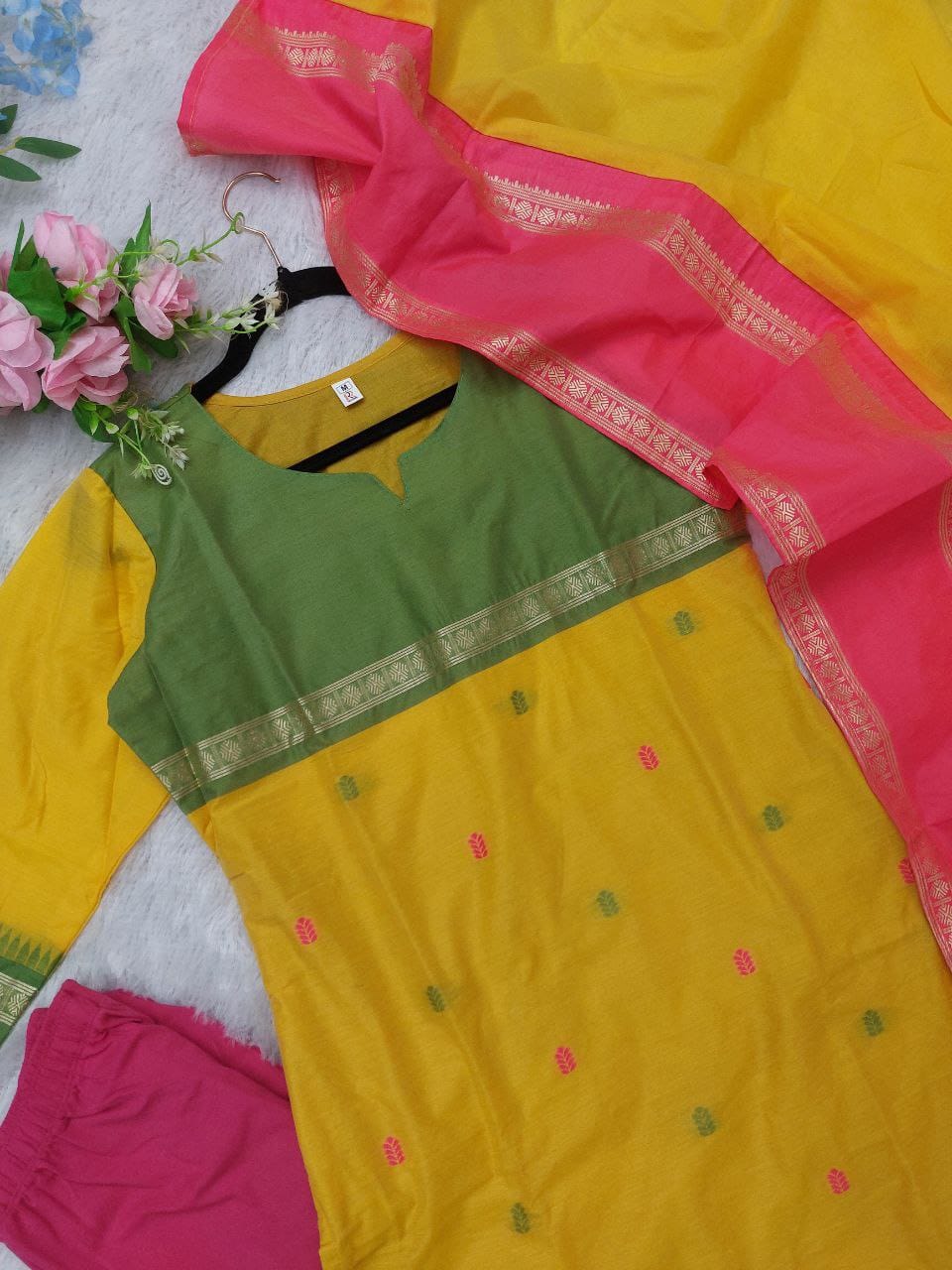 Crafted from pure Kanchi cotton, this elegant yellow ensemble is designed with love and rooted in South Indian cultural artistry. (RRRD11)