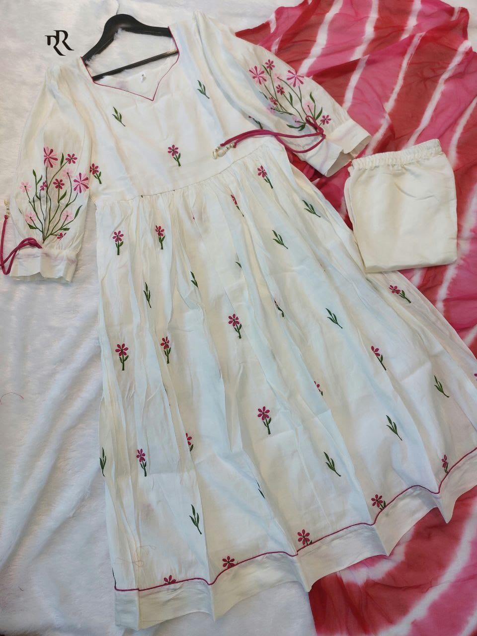 Elegant Design Premium Roman Silk Anrakali Suit set With Nazmin Dupatta And Dori and Kodi on sleeve for adjustment Embroidery work on all Over kurti and Sleeve. (RRRD12)