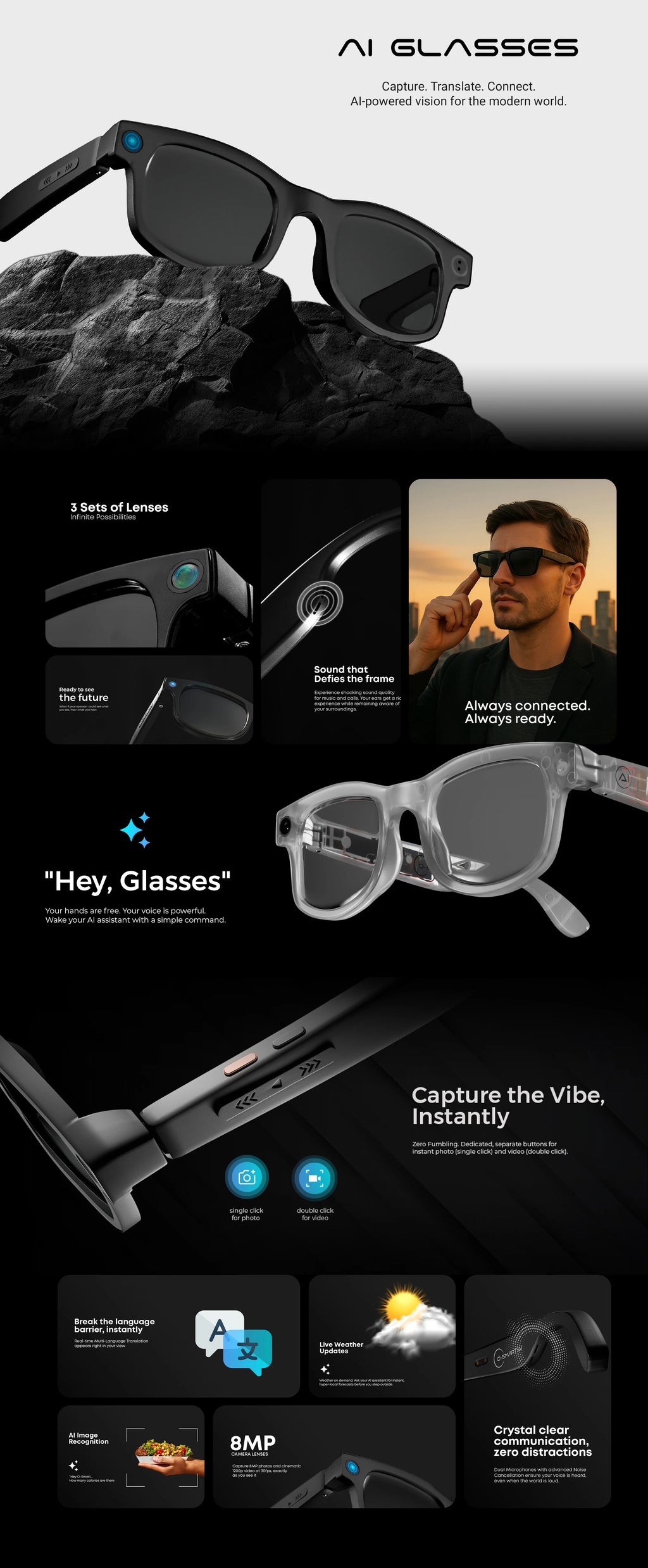 AI Glasses - 8MP Camera, 1200p 30fps Video Recording, Wi-Fi