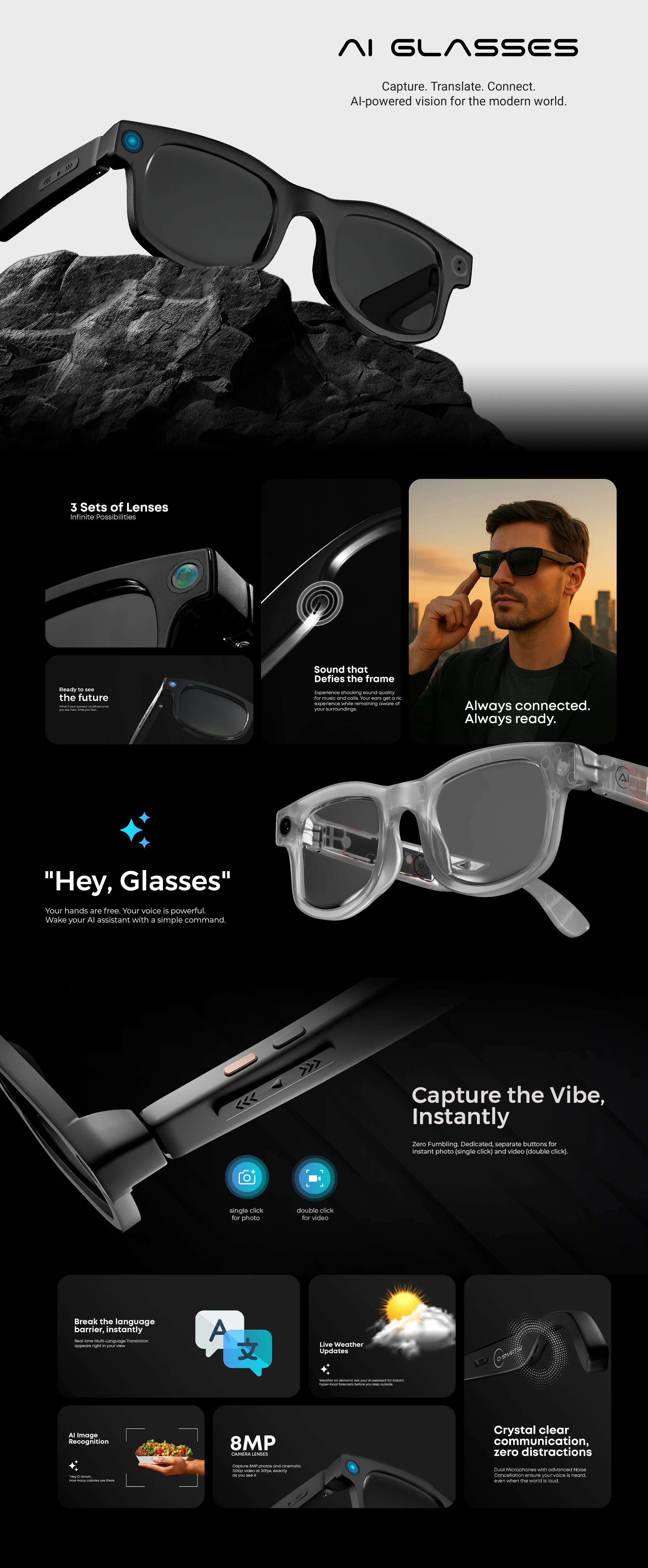 AI Glasses - 8MP Camera, 1200p 30fps Video Recording, Wi-Fi